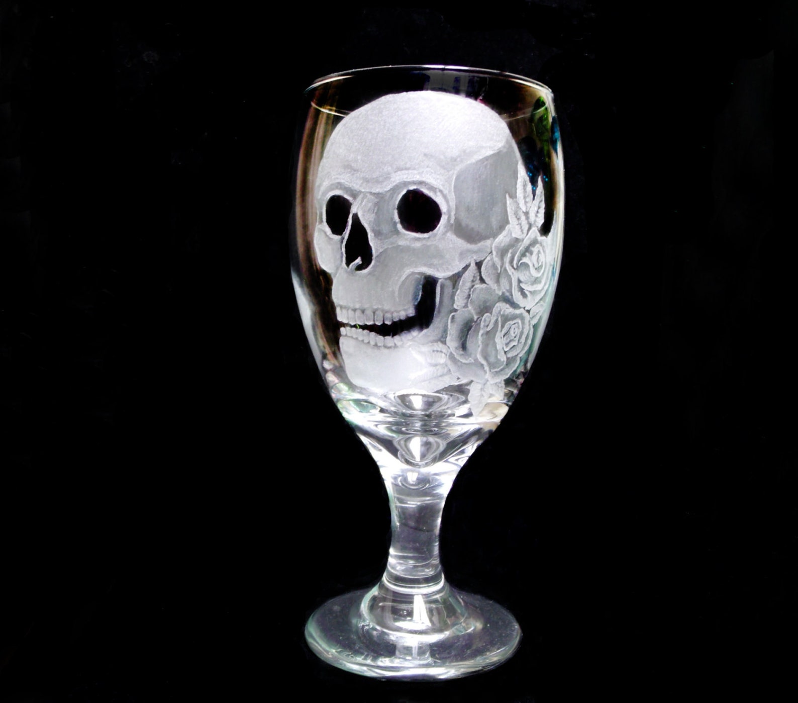 Wine Glasses Skulls and Roses Set of Two Hand Engraved Glass Water