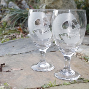 Hand Engraved Skull Wine Glasses - Halloween Goblets, Set of 2