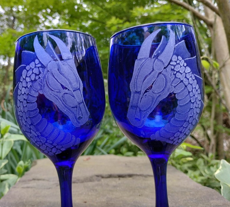 dragons wine glasses handmade cobalt blue dragon engraved custom wine glass engraved wine glass wine glasses goblets royal blue clear image 1