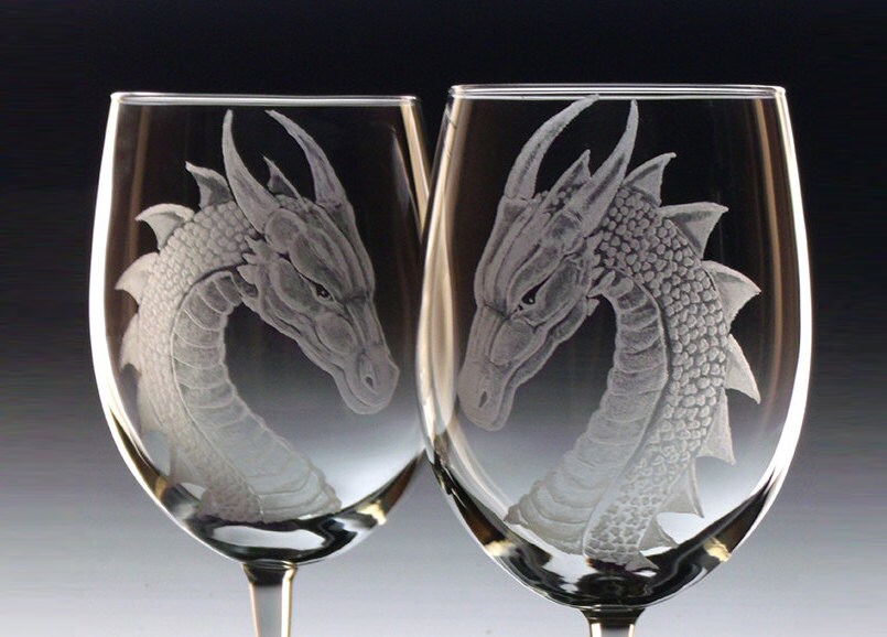 Dragon Wine Glasses Etched Engraved Glassware Dragon Wine Etsy