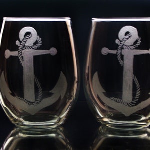 Summer stemless wine glass set of two nautical anchor and rope wine accessories custom glassware handmade beach decor