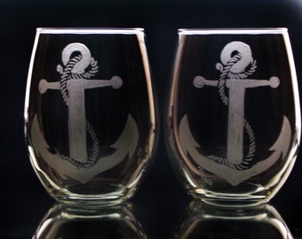 Hand engraved anchor and rope wine glass