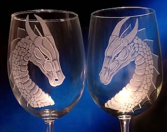 Dragon wine glasses etched Engraved Glassware Dragon Wine Glasses Custom Wine Glasses Unique elegant goblets Fantasy Wine lovers Wineglasses