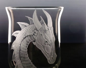 Engraved Dragon votive candle holder , engraved clear glass fantasy dragon  gift ideas etched personalized