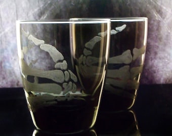 Spooky skeleton hand  glassware tumblers whiskey glass double old fashioned Halloween