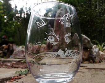 wine tumbler Engraved Stemless cat wine glasses  , unique glass set , barware set of two cat lovers gift ideas kittens pussy cat