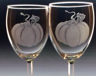 Hostess gifts Pumpkin Glasses Thanksgiving table Set of two 10 ounce wine glasses