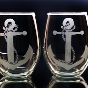 Nautical Stemless Wine Glasses – Set of 2 Hand Engraved Summer Beach Glassware | Coastal Ocean Glass Set for Beach House, Yacht, or Wedding