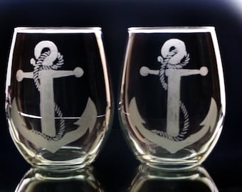 Summer stemless wine glass , set of two , nautical anchor and rope wine stemless goblet custom  handmade beach decor wine glasses for mom