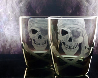 Pirate Skull and Crossbones Engraved On The Rocks Glass Set