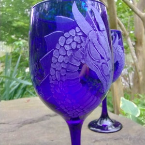 dragons wine glasses handmade cobalt blue dragon engraved custom wine glass engraved wine glass wine glasses goblets royal blue clear image 3