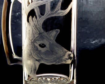 2 Beer Mugs Whitetail deer Clear Glass Rustic Etched barware glassware mancave groomsmen gift personalized engraved glass Stein Christmas