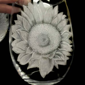 Hand Engraved Sunflower Stemless Wine Glasses - Set of Two