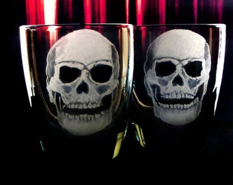 Hand Engraved Black Skull Whiskey Tumblers: Gothic Barware Set halloween