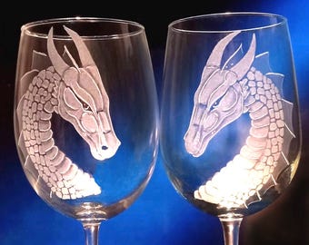 Hand Engraved Dragon Wine Glasses: Fantasy Wedding Stemware, 19 oz