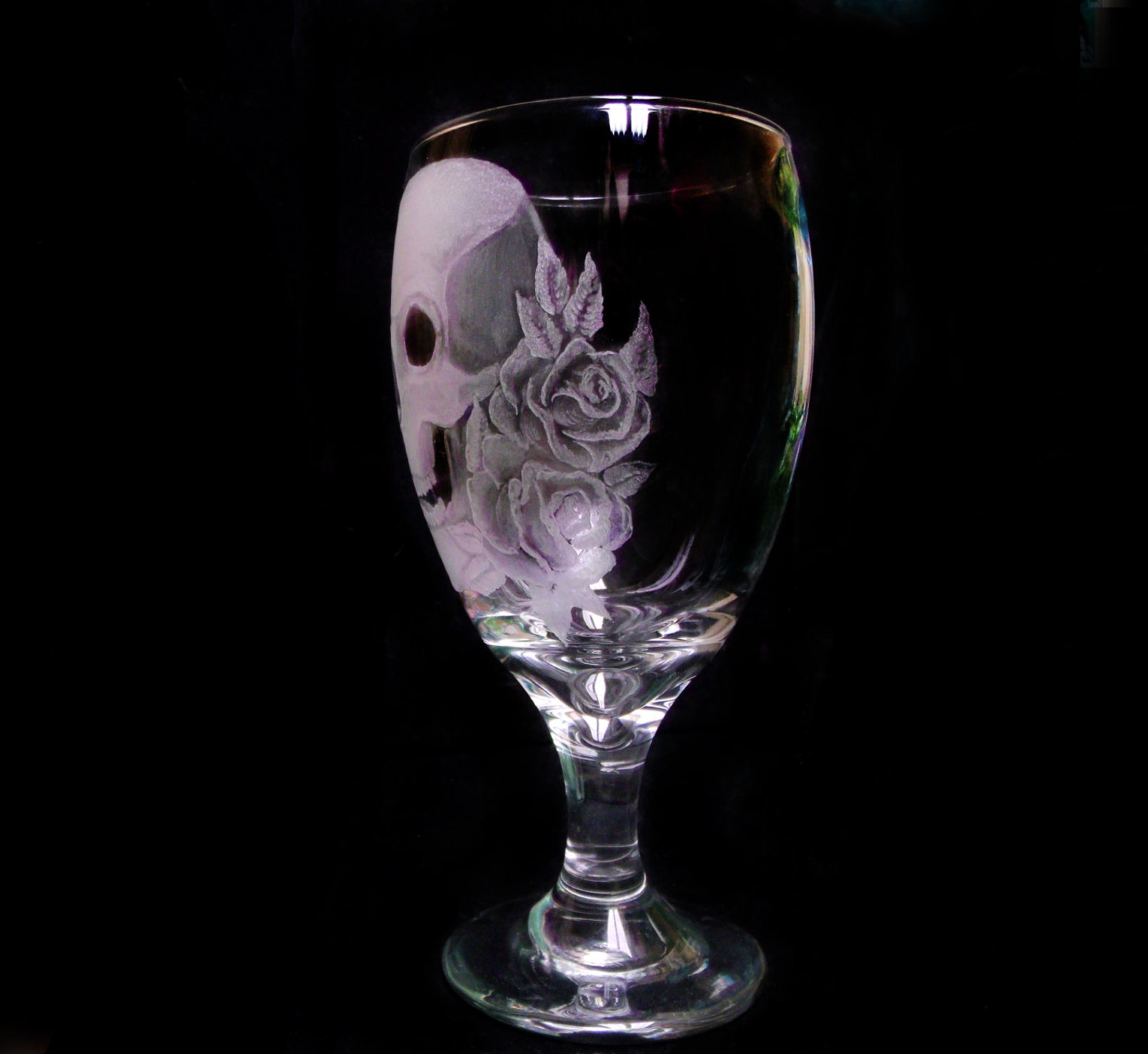 Wine Glasses Skulls and Roses Set of Two Hand Engraved Glass Water