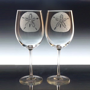 Engraved Sand Dollar Wine Glass Set: Beach House Coastal Glasses