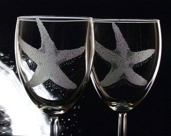 Starfish  wine glass set  Summer glassware etched engraved glassware stemware Wine lovers Gift set Host hostess gift  Elegant Unique