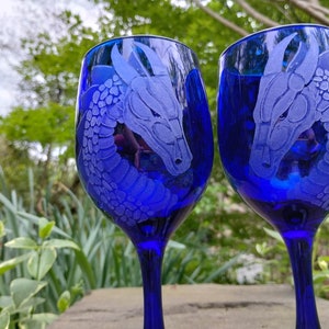 dragons wine glasses handmade cobalt blue dragon engraved custom wine glass engraved wine glass wine glasses goblets royal blue clear image 6