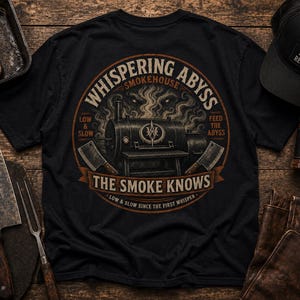 Pode incluir: Camiseta preta com um gráfico circular com um fumegador, o texto "Whispering Abyss Smokehouse" e a frase "The Smoke Knows". Um boné preto com "Smoke Meat Repeat" é visível. Também estão incluídos um frasco de tempero para churrasco, um cutelo e um garfo para carne.