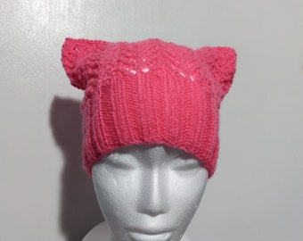 Hot Pink Handknit Lace Cat Ear Hat