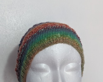Handknit Lace Rainbow-Striped Wool Hat