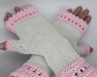 Handknit Pink and White Fingerless Gloves