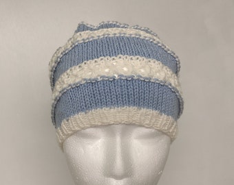 Handknit Blue and White Striped, Lace Hat