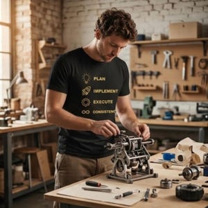 K&ouml;nnte beinhalten: Ein schwarzes Kurzarm-T-Shirt mit goldenem Text und Symbolen. Das Design zeigt ein Gl&uuml;hbirnensymbol mit dem Wort PLAN, eine Rakete mit IMPLEMENT, ein Zahnrad mit EXECUTE und ein Unendlichkeitssymbol mit dem Wort CONSISTENCY.