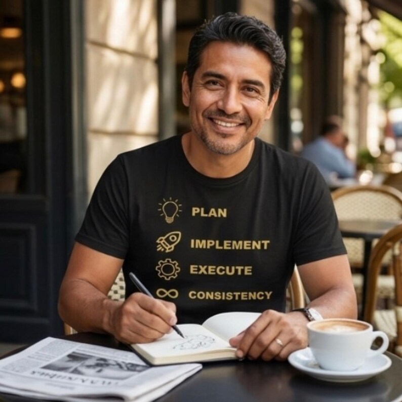 K&ouml;nnte beinhalten: Ein schwarzes Kurzarm-T-Shirt mit goldfarbenen Symbolen und Text. Das Design zeigt ein Gl&uuml;hbirnensymbol mit dem Wort PLAN, eine Rakete mit IMPLEMENT, ein Zahnrad mit EXECUTE und ein Unendlichkeitssymbol mit dem Wort CONSISTENCY.