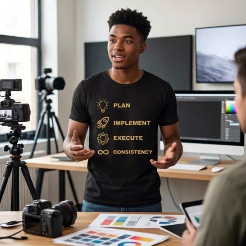K&ouml;nnte beinhalten: Ein schwarzes Kurzarm-T-Shirt mit goldfarbenen Symbolen und Text. Das Design zeigt ein Gl&uuml;hbirnensymbol mit dem Wort PLAN, eine Rakete mit IMPLEMENT, ein Zahnrad mit EXECUTE und ein Unendlichkeitssymbol mit dem Wort CONSISTENCY.