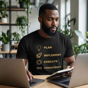 K&ouml;nnte beinhalten: Ein schwarzes Kurzarm-T-Shirt mit goldfarbenen Grafiken und Text. Das Design zeigt ein Gl&uuml;hbirnen-Symbol mit dem Wort PLAN, eine Rakete mit IMPLEMENT, ein Zahnrad mit EXECUTE und ein Unendlichkeitssymbol mit dem Wort CONSISTENCY.