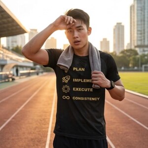 K&ouml;nnte beinhalten: Ein schwarzes, kurz&auml;rmeliges Sport-T-Shirt mit goldenem Text und Symbolen. Das Design zeigt ein Raketensymbol mit dem Wort PLAN, ein Zahnradsymbol mit EXECUTE und ein Unendlichkeitssymbol mit CONSISTENCY. Dazu wird ein graues Handtuch getragen.