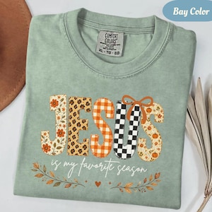 Op de afbeelding: Een saliegroen t-shirt met een Comfort Colors-label in de nek. De afbeelding toont het woord JESUS in grote letters met bloemen-, luipaard-, oranje ruit- en zwart-wit geblokte patronen, samen met de tekst is my favorite season.
