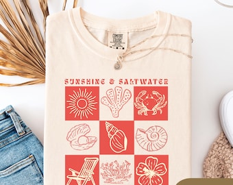 Sunshine And Saltwater Beach Shirt, Women Retro Checkered Coastal Tee, Comfort Colors Tee, Summer Vacation Top, Ocean Lover Gift