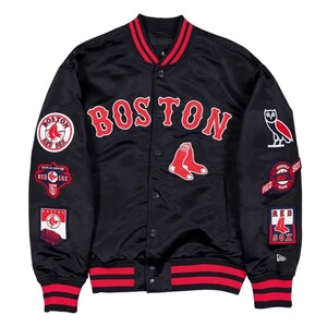 Men's black satin varsity jacket red patch | baseball bomber jacket