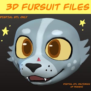 Könnte beinhalten: Ein digitales 3D-Fursuit-Kopfdesign im Cartoon-Stil. Der Kopf ist hellblau mit einem weißen Streifen und großen, runden, gelben Augen mit braunen Pupillen. Der Text "3D Fursuit Files" steht oben.