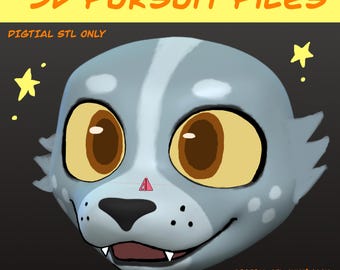 Puede incluir: Diseño digital de una cabeza de fursuit 3D de estilo caricatura. La cabeza es azul claro con una franja blanca y ojos amarillos grandes y redondos con pupilas marrones. El texto "3D Fursuit Files" está en la parte superior.