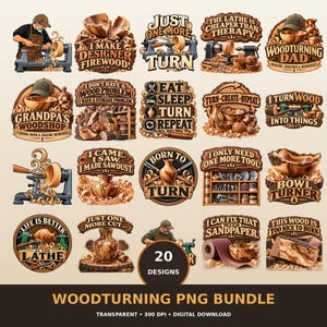 Op de afbeelding: Een digitale collectie van 20 grafische ontwerpen met een houtdraai-thema, voorzien van illustraties van draaibanken, houten kommen, gereedschap en zaagsel, vergezeld van diverse humoristische slogans zoals I Make Designer Firewood en Born To Turn.