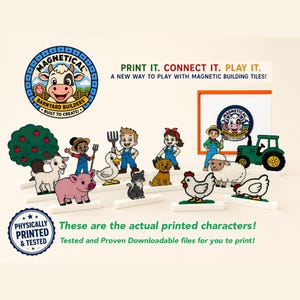 Puede incluir: Un conjunto de personajes magnéticos de granja que incluye un cerdo, cabra, pato, gato, perro, oveja, pollos, un tractor y dos niños. El texto dice: PRINT IT. CONNECT IT. PLAY IT. A NEW WAY TO PLAY WITH MAGNETIC BUILDING TILES! y PHYSICALLY PRINTED & TESTED.