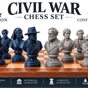 May include: A Civil War chess set featuring 32 pieces on a wooden board. The set includes dark blue Union pieces and light gray Confederacy pieces, each sculpted as historical character busts. Text reads: CIVIL WAR CHESS SET, UNION, CONFEDERACY.
