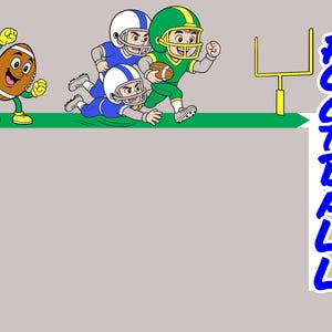 Puede incluir: Ilustración de dibujos animados de un partido de fútbol americano. Tres jugadores con cascos corren en un campo verde, un personaje de balón de fútbol anima. Una portería amarilla y la palabra "FOOTBALL" en azul.