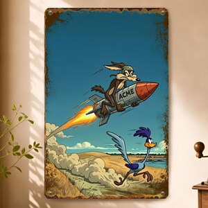 Personalized  Retro Cartoon Rocket Metal Tin Signs, Funny Animation Inspired Artwork, Nostalgic Man Cave Decor, Classic Cartoon Lover Gifts