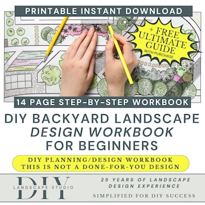 Può includere: Un quaderno di lavoro stampabile per la progettazione di giardini fai-da-te per principianti. L'immagine mostra delle mani che usano una matita e un righello per disegnare su un progetto di paesaggio. Il quaderno include una guida passo passo di 14 pagine.
