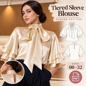 Patron de couture PDF pour haut à manches à volants étagées, chemisier à col nœud papillon, tailles 00 à 32, formats A4, A0 et Lettre US (téléchargement instantané)