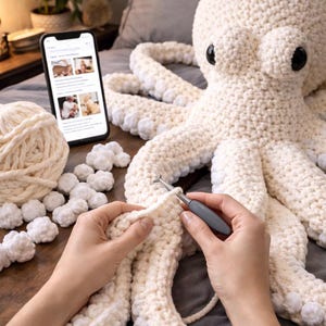 May include: A large, cream-colored crocheted octopus with black eyes and multiple tentacles. A person is crocheting a tentacle with a crochet hook. A smartphone displays images of crocheted items. A ball of yarn and small pom-poms are also visible.