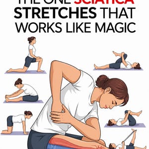 Könnte beinhalten: Ein Lehrplakat mit dem Titel THE ONE SCIATICA STRETCHES THAT WORKS LIKE MAGIC, das Illustrationen einer Person in weißem T-Shirt und dunkler Shorts bei verschiedenen körperlichen Übungen zeigt, einschließlich einer Beinstreckung mit hervorgehobener Anatomie.