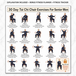 Könnte beinhalten: Ein 30-Tage-Tai-Chi-Stuhlübungsplan mit Illustrationen einer Person in dunkelblauer Kleidung, die verschiedene Sitzbewegungen ausführt. Der Text enthält Titel für jeden Tag, spezifische Übungsnamen und einen gesperrten Bereich für die Tage 20-30.