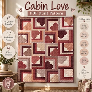 Heart Quilt Pattern PDF, Fat Quarter Log Cabin Quilt, Baby Throw Twin Queen King