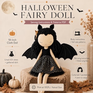 May include: A Halloween fairy doll sewing pattern PDF featuring an 18-inch cloth doll with black curly hair, pointed ears, and black bat wings. The doll wears a black dress with a gold star pattern. Text includes Halloween Fairy Doll and Print at 100%.